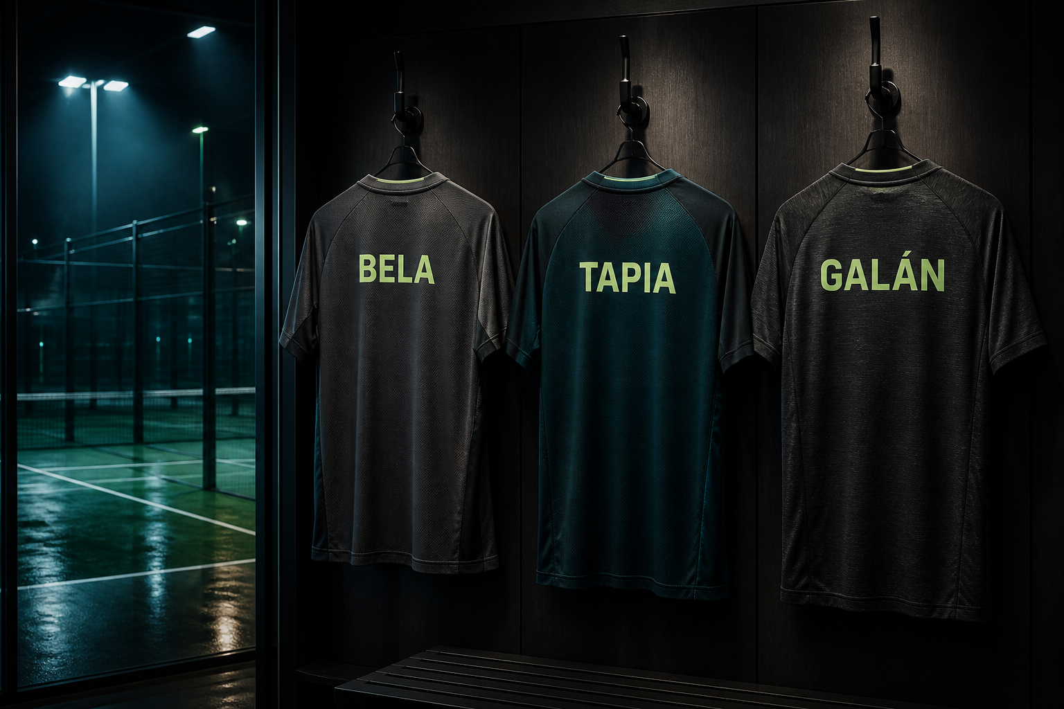 Tres camisetas de pádel con los nombres Bela, Tapia y Galán